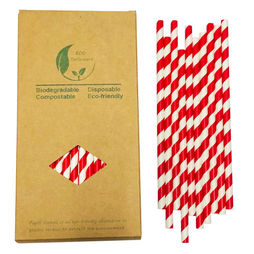 White & Red Stripes Paper Straws Disposable Drinking Straws for Party Decoration, White Red Barber Striped Straws Biodegradable Straws 100 Count
