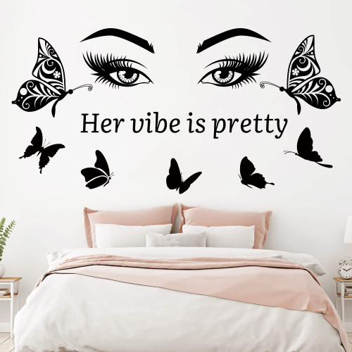Her Vibe is Pretty Wall Decals Inspirational Wall Stickers Quotes Eyelash Eyes Wall Decal Vinyl Motivational Saying Positive Lettering Words Wall Decals for Woman Girls Bedroom Living Room Bathroom