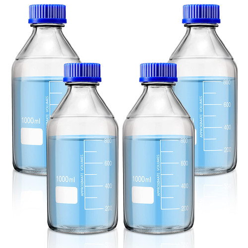 Patelai 4 Pieces Round Media Storage Bottles Storage Glass Bottles Borosilicate Media Glass Bottles with GL45 Blue Screw Cap for Lab Water Reagent Liquids (1000 ml)