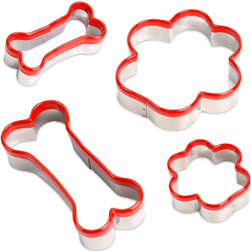 4 Pcs Dog Bone and Dog Paw Cookie Cutters, Dog Treats Cookie Cutter, Dog Bone Shapes Cutters, Homemade Dog Biscuit Treats Cutters, Coated with Soft PVC for Protection