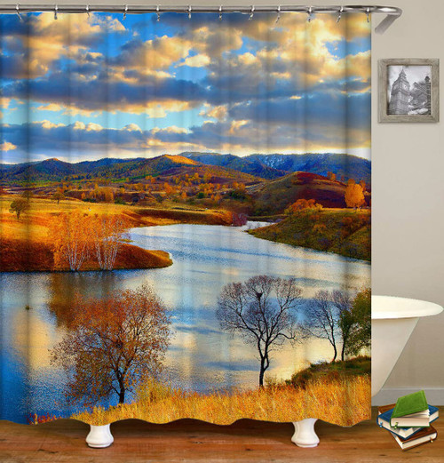 Shower Curtains, Deep Autumn Natural Scenery Rivers and Mountains Bath Curtain 72 x 72 Inch Polyester Fabric for Bathroom Curtain Set with 12 Hooks