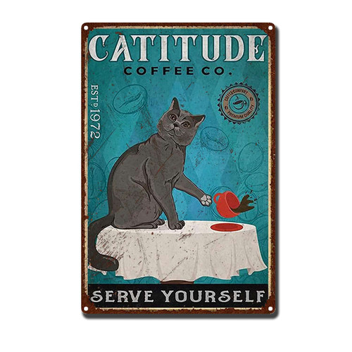 Vintage Cat Tin Sign - Retro Coffee Cat Metal Sign for Cafe Bar Wall Decor Home Wall Art Signs Decorate - catitude Coffee co. Serve Youself 8x12inch-Tin Sign