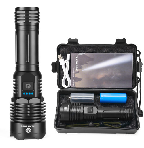 VRMAO BROS Flash Light LED Tactical Flashlights High Lumens Rechargeable Brightest Powered Handheld Flashlight IPX5 Waterproof Zoomable 5 Modes for Outdoor Camping Hunting (Black-A)