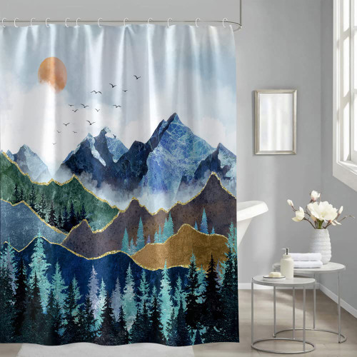 Mountain Shower Curtain, Nature Scenery Colorful Art Deco Shower Curtain with 12 Hooks, Mountain Shower Curtains for Bathroom, Waterproof Washable Polyester Bath Curtain (Blue, 72 x 72 Inches)