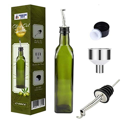 Olive Oil Dispenser Bottle - 17oz Glass Olive Oil Bottles with Easy Pour Spout Set - Oil and Vinegar Cruet Set with Food Grade Funnel Drip-Free Olive Oil Carafe Decanter for Kitchen