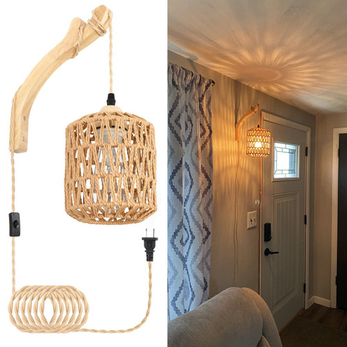 Frideko Rattan Wall Lamp with Plug in Cord Hand Woven Plug in Wall Sconces Paper Rope Wall Light Farmhouse Wall Sconce Wall Mounted Light Boho Wall Sconces Wall Lighting for Bedroom Living Room