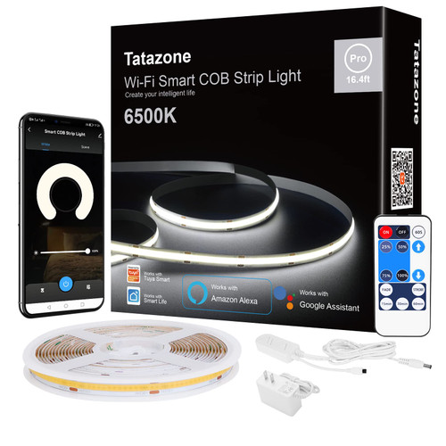 Tatazone Smart White COB Led Strip Light with App and Remote,16.4ft 6500K WiFi COB Light Strip Work with Alexa and Google, Dimmable Cool White Indoor COB Led Lights for Stair, Kitchen, Cabinet