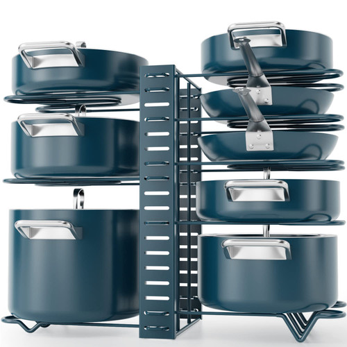 G-TING Pot Rack Organizers, 8 Tiers Pots and Pans Organizer for Kitchen Organization & Storage, Adjustable Pot Lid Holders & Pan Rack, Lid Organizer for Pots and Pans With 3 DIY Methods(Blue)
