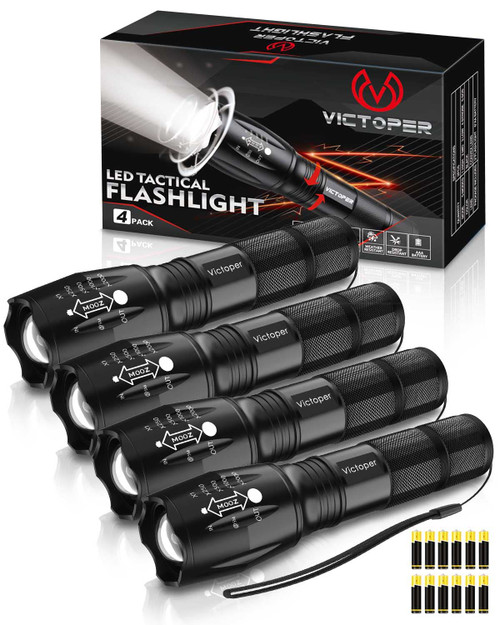 Victoper LED Flashlight 4 Pack, Bright 2000 Lumens Tactical Flashlights High Lumens with 5 Modes, Waterproof Focus Zoomable Flash Light, Portable Flashlight for Camping Hiking Outdoor Home Emergency