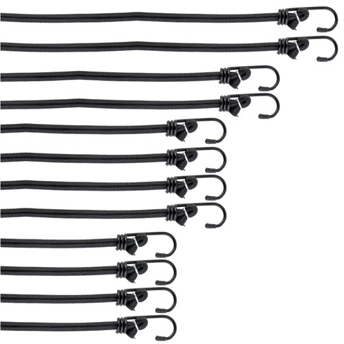 PRETEX 12 Bungee Cords with Hooks - Long Cord Rope Pack in Black - Strong Elastic Tie Down Moving Straps w/Heavy Duty Hooks - Bungees Pack for Various Cargo