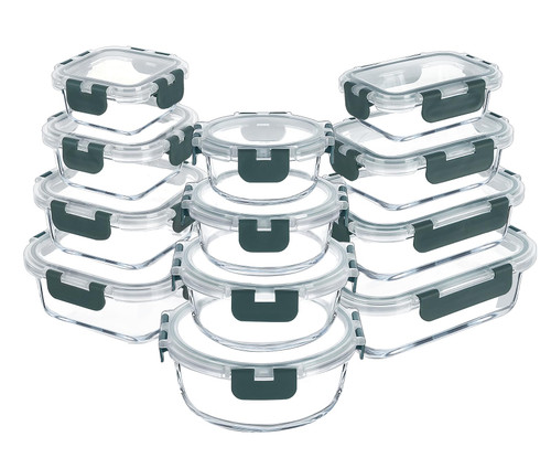 VERONES 24 Pieces Glass Food Storage Containers Set, Airtight Glass Lunch Containers, Stackable Glass Meal Prep Containers with Lids,BPA-Free, for Microwave, Oven, Freezer & Dishwasher Friendly,Grey