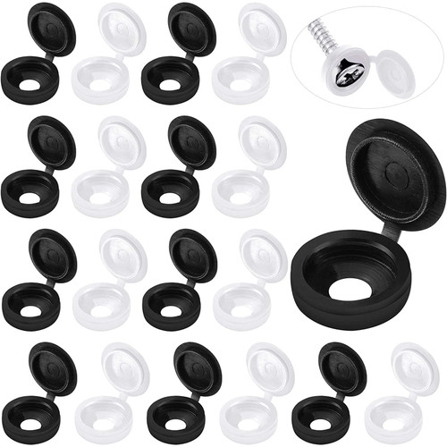 Hotop 100 Pieces Hinged Screw Cover Caps Plastic Shutter Screw Caps Fold Screw Snap Covers Washer Flip Tops (White and Black,Large)