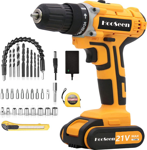 HooSeen 21V Cordless Drill, Cordless Power Drill Set with Battery and Charger, 3/8-Inch Keyless Chuck,2 Variable Speed,24+1 Position and 34pcs Drill/Driver Bits