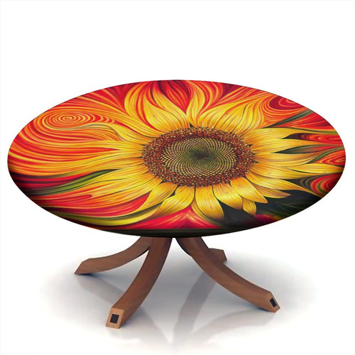 Floral Round Fitted Polyester Tablecloth, Abstract Art Sunflower Elastic Edge Home Decor Table Cover, Waterproof Oil & Dust Proof Table Clothes For Family Festival Party Tablecloths, Fit for 24" Table