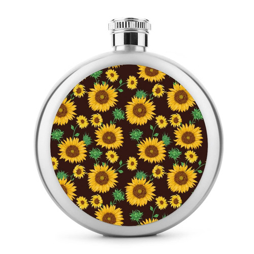 Sunflowers on Black Stainless Steel Liquor Hip Flask 5OZ For Wine Drink Round Pocket Portable Funny Print