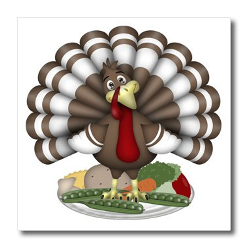 3dRose ht_216933_2 Cute Large Brown and White Thanksgiving Turkey on Vegetables Iron on Heat Transfer for White Material, 6" x 6"