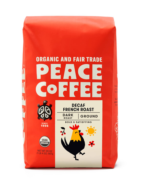 Peace Coffee Decaf French Roast | 20 oz Ground Dark Roast | Organic Fair Trade Coffee | Rich, Bold flavor | Mountain Water Process Style | Peru | Shade Grown, Fresh Roasted