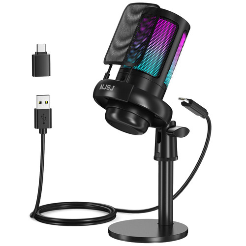 NJSJ USB Microphone for PC, Gaming Mic for PS4/ PS5/ Mac/Phone,Condenser Microphone with Touch Mute,Brilliant RGB Lighting,Gain knob & Monitoring Jack for Streaming,Podcasting (Black) NJSJ USB Microphone for PC, Gaming Mic for PS4/ PS5/ Mac/Phone,Condenser Microphone with Touch Mute,Brilliant RGB Lighting,Gain knob & Monitoring Jack for Streaming,Podcasting (Black)