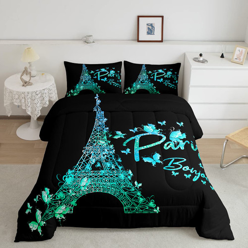 Paris Eiffel Tower Comforter Set Girly Teal Blue Glitter Bedding Set for Kids Boys Girls Butterfly Comforter Famous City Scene Decor Quilt Room 2Pcs Twin Size Boys