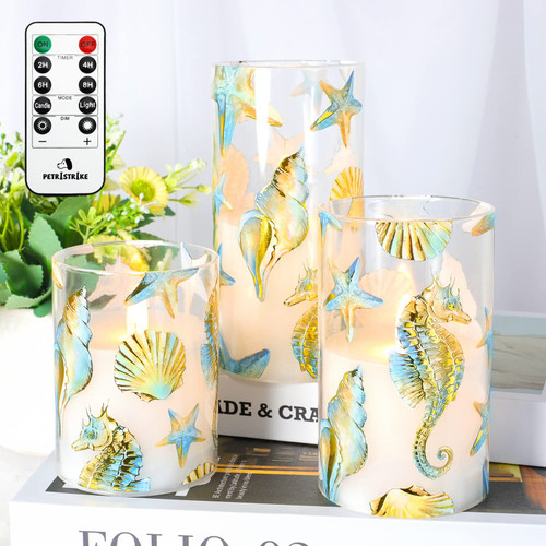 PETRISTRIKE Flickering Flameless Candles, Battery Operated Led Candles with Remote Timer,Coastal Christmas Themed Glass Pillar Candles for Nautical Party, Christmas