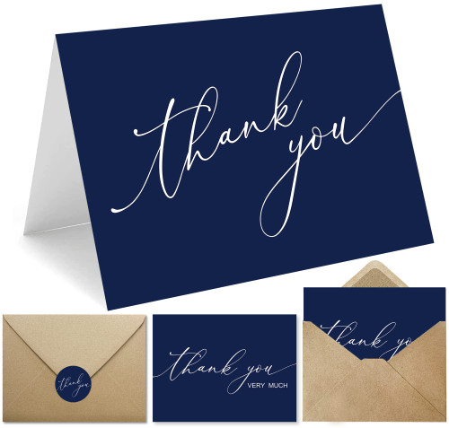 Navy Blue Thank You Cards with Kraft Envelopes & Stickers, (Bulk 100-Pack), 5 x 3.75 Inch Minimalist Design Thank You Blank Notes for Engagement, Wedding, Baby Shower, Graduation, Bridal Shower, Business, Funeral