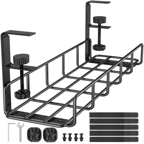 Under Desk Cable Management Tray, 15.7'' No Drill Steel Desk Cable Organizers, Wire Management Tray Cable Management Rack, Desk Cable Tray with Wire Organizer and Desk Cord Organizer