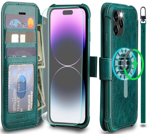 VANAVAGY iPhone 14 Pro Max Wallet Case for Magsafe,Leather Flip Folio Wrist [Screen Protector Included][Magsafe and Wireless Charging] with RFID Block Card Holder for iPhone 14 Pro Max,Midnight Green