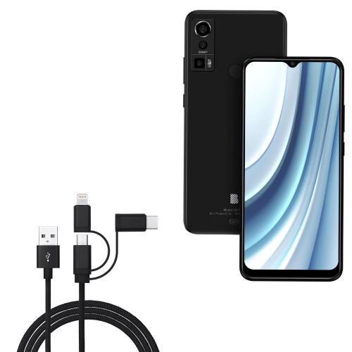 BoxWave Cable Compatible with BLU S91 Pro - AllCharge 3-in-1 Cable for BLU S91 Pro - Jet Black