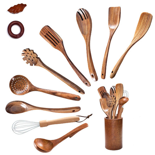 Wooden Spoons for Cooking, Nonstick Kitchen Utensil Set, 12Pcs Wooden Utensils for Cooking, 100% Natural Teak Wooden Spatula, Wooden Cooking Spoons and Spatulas Wooden Spoons for Cooking Salad Fork