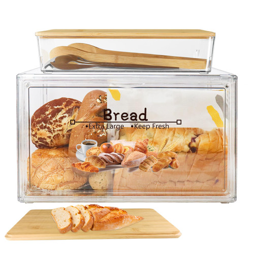 RISICULIS Large Bread Box for Kitchen Countertop, Bread Storage Container, and Utensil Organizer with Bamboo Cutting Board Lid, Clear Bread Bin, Bread Keeper for Homemade Bread, Bagel, Muffins, Rolls