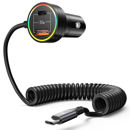USB C Car Charger, Pluggify 60W Super Fast Car Charger PD & QC 3.0 with 30W Type C Coiled Cable, Car Phone Charger for iPhone 14-8/Samsung Galaxy S23-S21/Google Pixel/Moto/LG/Android/iPad/MacBook