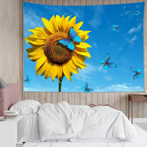 LB Yellow Sunflower Tapestry Wall Hanging Vintage Butterfly and Flower on Blue Sky Wall Tapestry for Bedroom Aesthetic Nature Scenery Tapestry for Living Room College Dorm Decor,59Wx51H inch