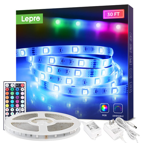 Lepro LED Strip Lights, 30Ft RGB LED Strips, 5050 SMD LED Color Changing Strip Light with 44 Keys Remote Controller and 24V Power Supply, LED Lights for Bedroom, Home, TV Backlight