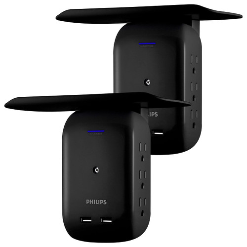 Philips 6-Outlet Extender 2-USB Surge Protector, Side Access Adapter, Wall Tap, Removable Device Charging Shelf, Charging Station, Protected Indicator Light, 450J, 2 Pack, Black, SPS6026BC/37