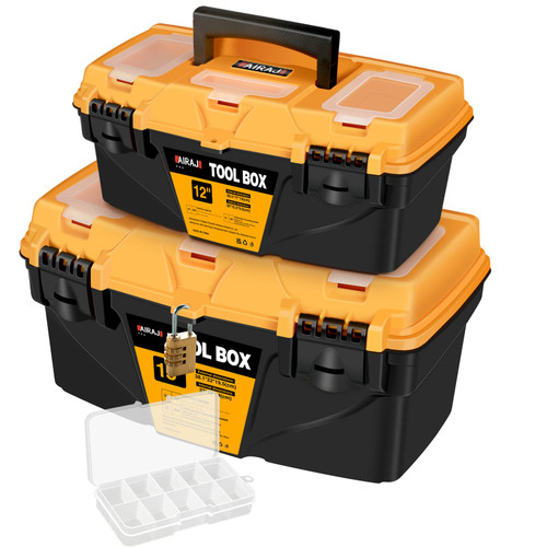 AIRAJ PRO Portable Plastic Tool Boxes Set,12-inch Small Tool Box with Removable Tray & 15-inch ToolBox with MINI Storage Box,Portable Plastic Storage Boxes with Dual Lock Secured, Yellow Toolboxes for Home