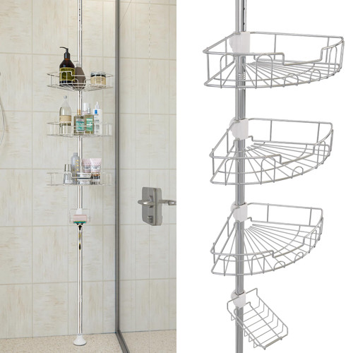 Tension Shower Caddy , Stainless Steel Corner Shower Caddy Stand Storage Organizer with Rustproof Tension Pole for Bathroom Bathtub Shampoo Soap Plants, 4 Tier Adjustable Shelves, 54 to 125 Inch