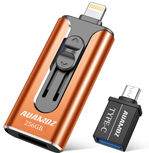 Flash Drive for iPhone 256GB, AUAMOZ USB iOS Memory Stick Photo Stick External Storage Thumb Drive for iPhone iPad Android Computer (Orange)