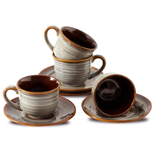Hasense Ceramic Tea Cups and Saucers, 8oz Cappuccino Cups Set of 4, Espresso Coffee Mugs for Home and Office, Perfect for Coffee, Cappuccino, Latte, Americano, Milk and Tea - Grey Brown