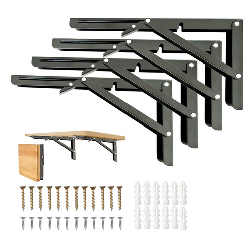 Folding Shelf Brackets, 8 Inch 4 Pcs Foldable Shelf Bracket Heavy Duty Shelf Brackets, Collapsible Shelf Brackets for Foldable Shelf, Wall Mounted Folding Table Brackets Space-Saving