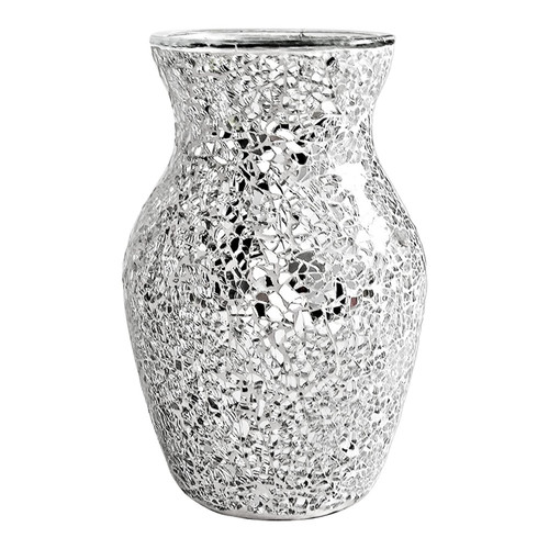 MISNODE Large Tall Glass Vases, Silver Mosaic Crackle Glass Decorative Vase, Handmade Shine Flower Vase Mosaic Glitter Vase Sparkled Glass Vase for Table Centerpieces Home Wedding Party Decor