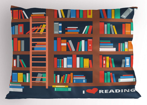 Ambesonne Bibliophile Pillow Sham, Cartoon Animated Colorful Books Shelves Library and I Love Reading Lettering, Decorative Standard King Size Printed Pillowcase, 36" X 20", Multicolor