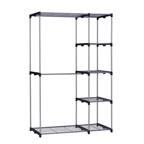 Homebi Freestanding Closet Organizer Double Rod Garment Rack Metal Wire Shelving Unit Clothing Organizer with Double Hangers and 5-Tier Shelves in Silver, 45.3"W x 17.7" D x 67.3"H