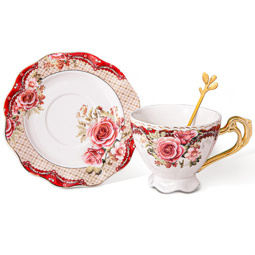 fanquare 7oz Vintage Royal Style Coffee Cup with Saucer, Red Floral Porcelain Tea Cup, 3 Piece Coffee Tea Cup and Saucer Set with Spoon