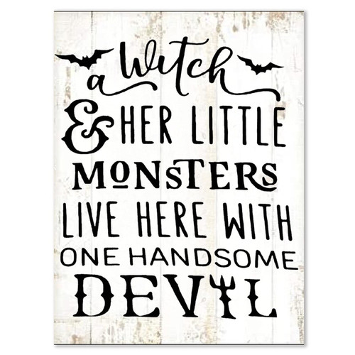 Vintage Wood Sign Witch Lives with Little Monsters Handsome Devil Wall Hanging Halloween Quote Sign Farmhouse Wooden Plaque Rustic Wall Art Decor for Halloween Home Living Room Kitchen Porch 12"x16"