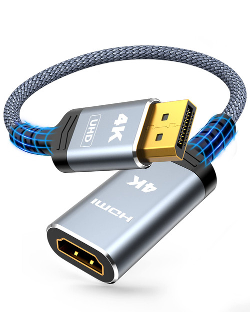 Highwings 4K DisplayPort to HDMI Adapter, Uni-Directional DP 1.2 to HDMI 2.0 Nylon Braided Converter Cable Male to Female, Compatible with Laptop Desktop TV/HDTV Monitor Projector, Grey, [Passive]