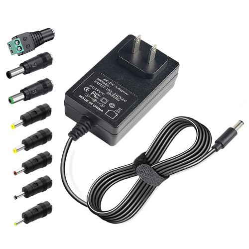 12V 2A 24W AC/DC Power Supply Charger Cord Multi Tip Switching Adapter for LED Light Strip, CCTV Camera, Webcam, Routers, Recorder, TV Box, USB Hub, Bluetooth Speaker and More DC 5V Devices -6.6FT