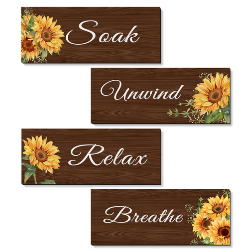4 Pieces Sunflower Bathroom Decor Farmhouse Rustic Bathroom Wall Art Relax Soak Unwind Breathe Wooden Signs for Bathroom Home Spa Laundry Room (Brown)