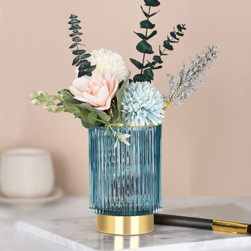 Glass Vase, Gold-Tone Metal Base, Flower Vase Decorative for Home Office Wedding Holiday Party Celebrate. Glass Plant Vase