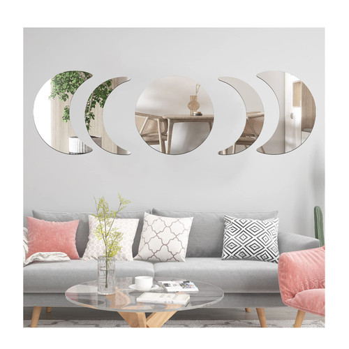 5 Pcs Acrylic Moon Mirror Wall Decor as Room Decor, Boho Wall Decor - Moon Mirror Stickers Moon Phase Wall Decor, Self-Adhesive Scandinavian Home Decor - Moon Phase Mirror Set for Living Room Bedroom