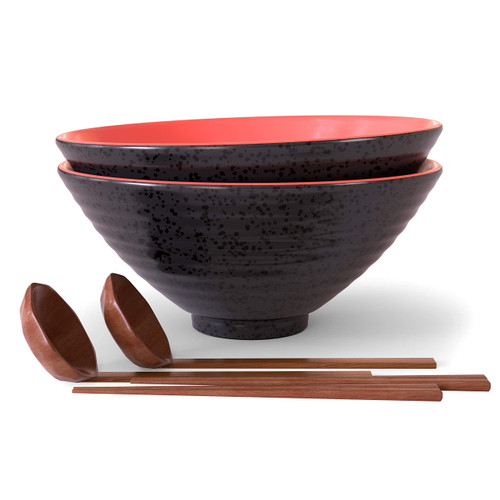 KooK Ceramic Japanese Ramen Bowl Set, with Wooden Spoons and Chopsticks, Noodle Soup Bowl, Microwavable, for Udon Soba Pho Asian Noodles, 60 oz, Black/Red, Set of 2 KooK Ceramic Japanese Ramen Bowl Set, with Wooden Spoons and Chopsticks, Noodle Soup Bowl, Microwavable, for Udon Soba Pho Asian Noodles, 60 oz, Black/Red, Set of 2